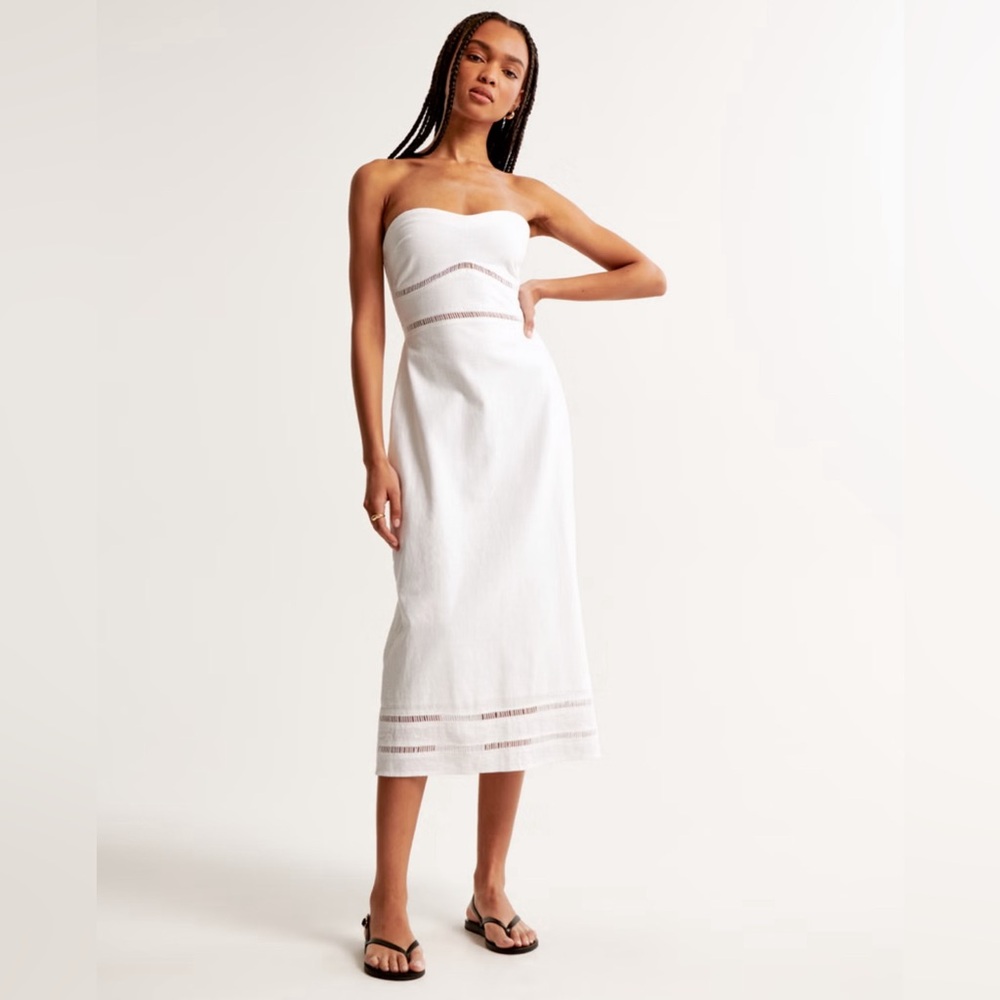 Linen-Blend Strapless Lace-Trim Midi Dress